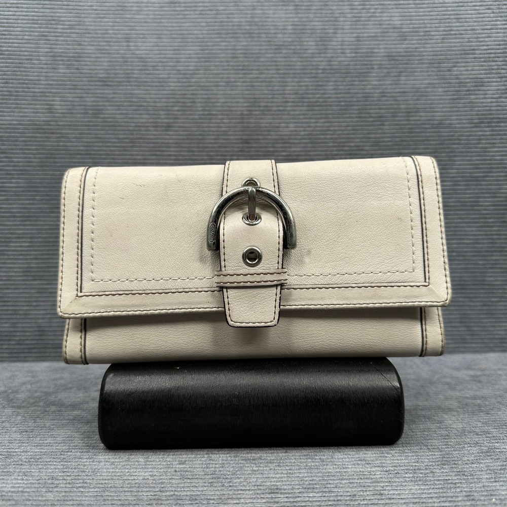 Coach Leather Tri-Fold Buckle Wallet Off-White Cream Tan  Y2k